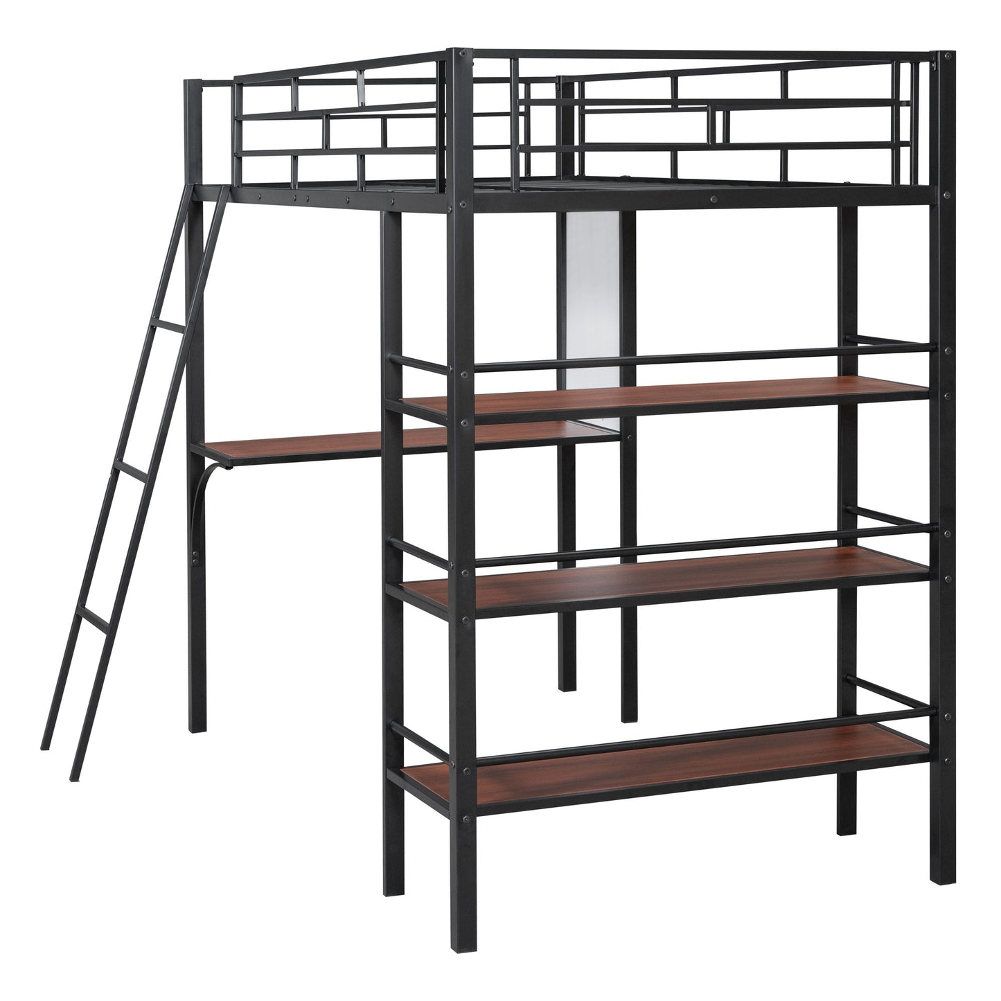 Loft Metal Bed With 3 Layers Of Shelves And Desk, Stylish Metal Frame Bed With board