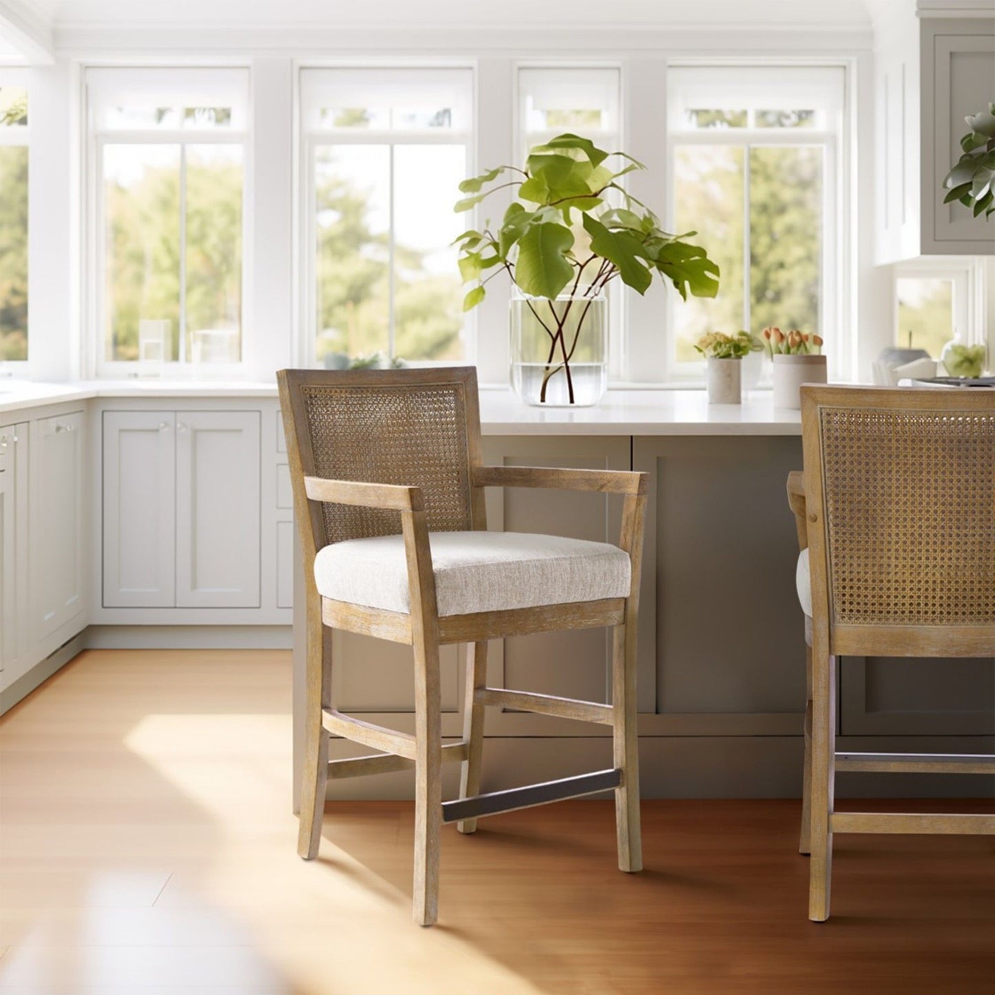 Cane Back Counter Stool With Upholstered Seat - Cream / Reclaimed Natural