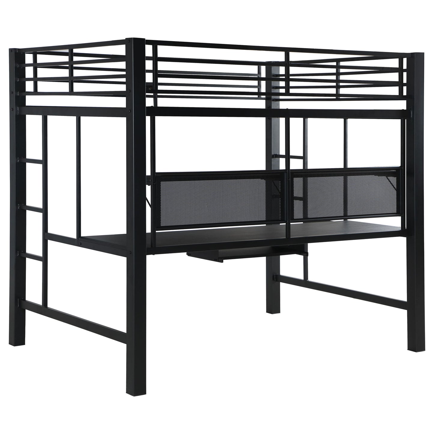 Ranier - Full Workstation Loft Bed, Full Length Desk, Safety Rails And Storage Shelves - Black