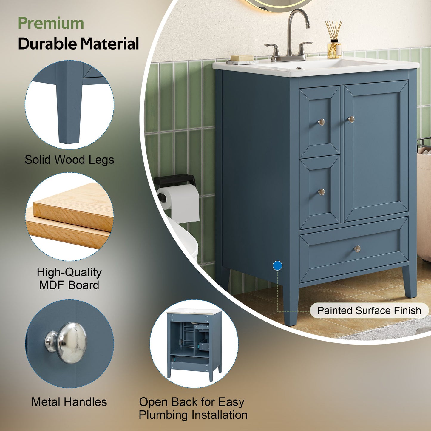 Modern Bathroom Vanity With Sink, Soft Close Drawers & Door, Storage Rack