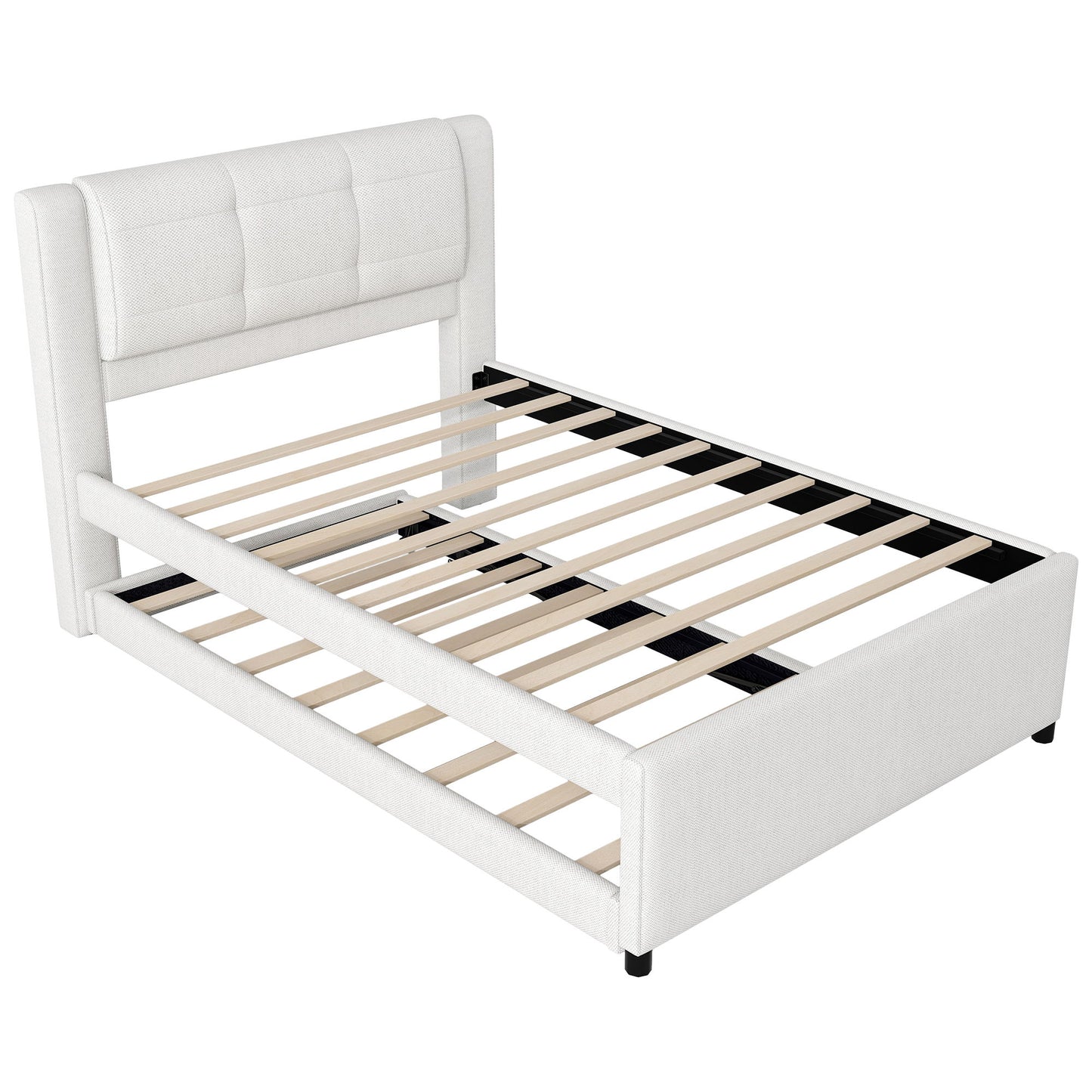 Upholstery Platform Bed With Trundle, Trundle Can Be Flat Or Erected