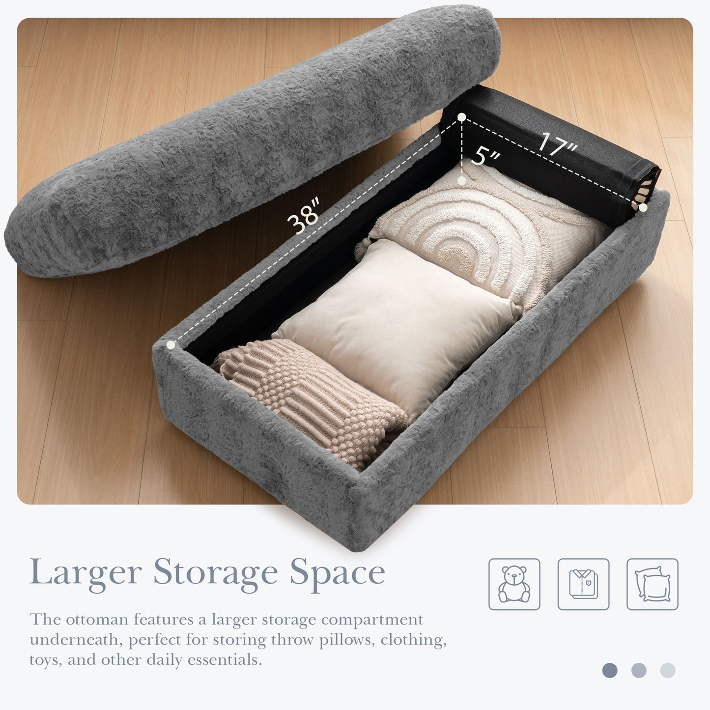 Oversized Chaise Lounge Indoor Rabbit Fur Sofa Bed With Storage Ottoman And Armrests Cup Holders With Deep Seat