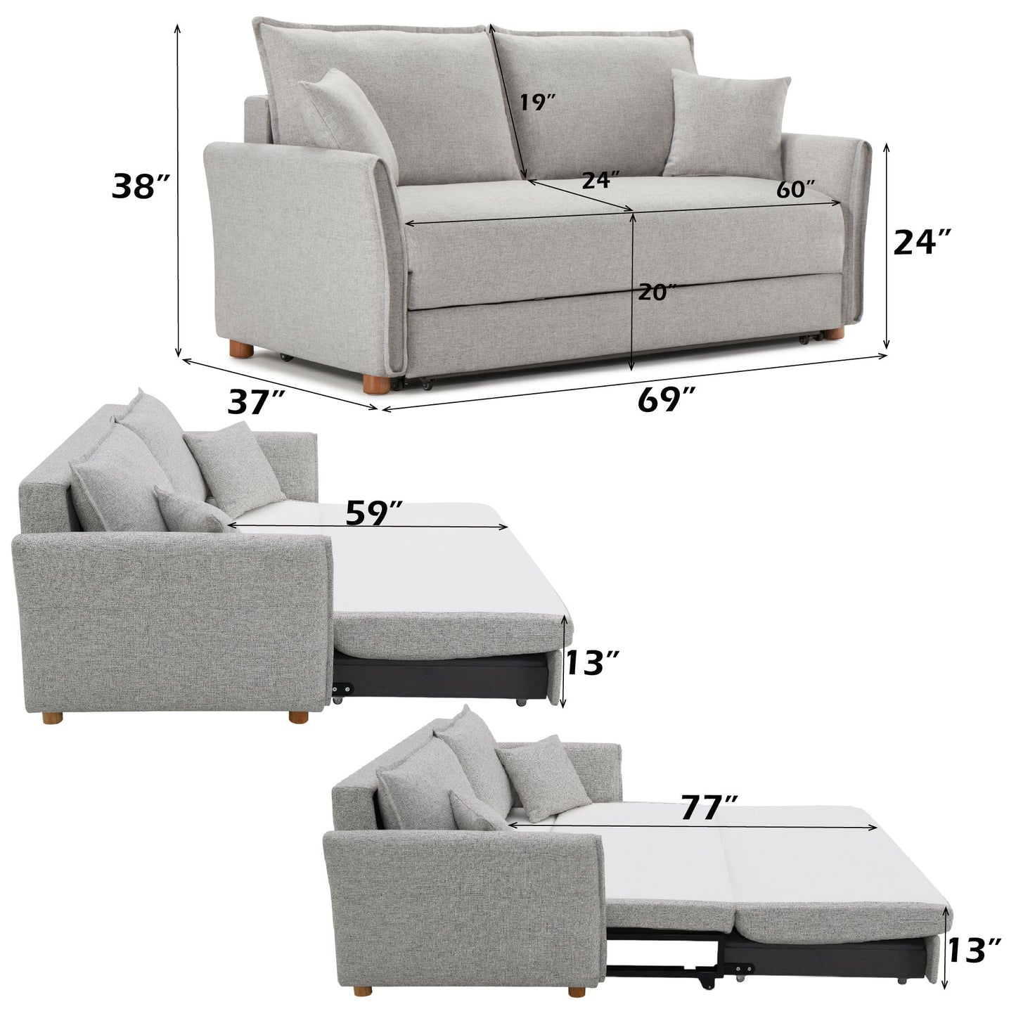 Oren - Chenille Sleeper Sectional Sofa With Storage 2 Toss Pillows - Gray