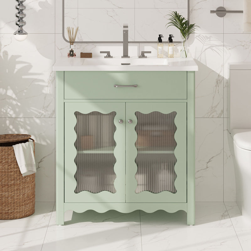 Bathroom Vanity With Glass Doors, Soft Close Hinges - Green
