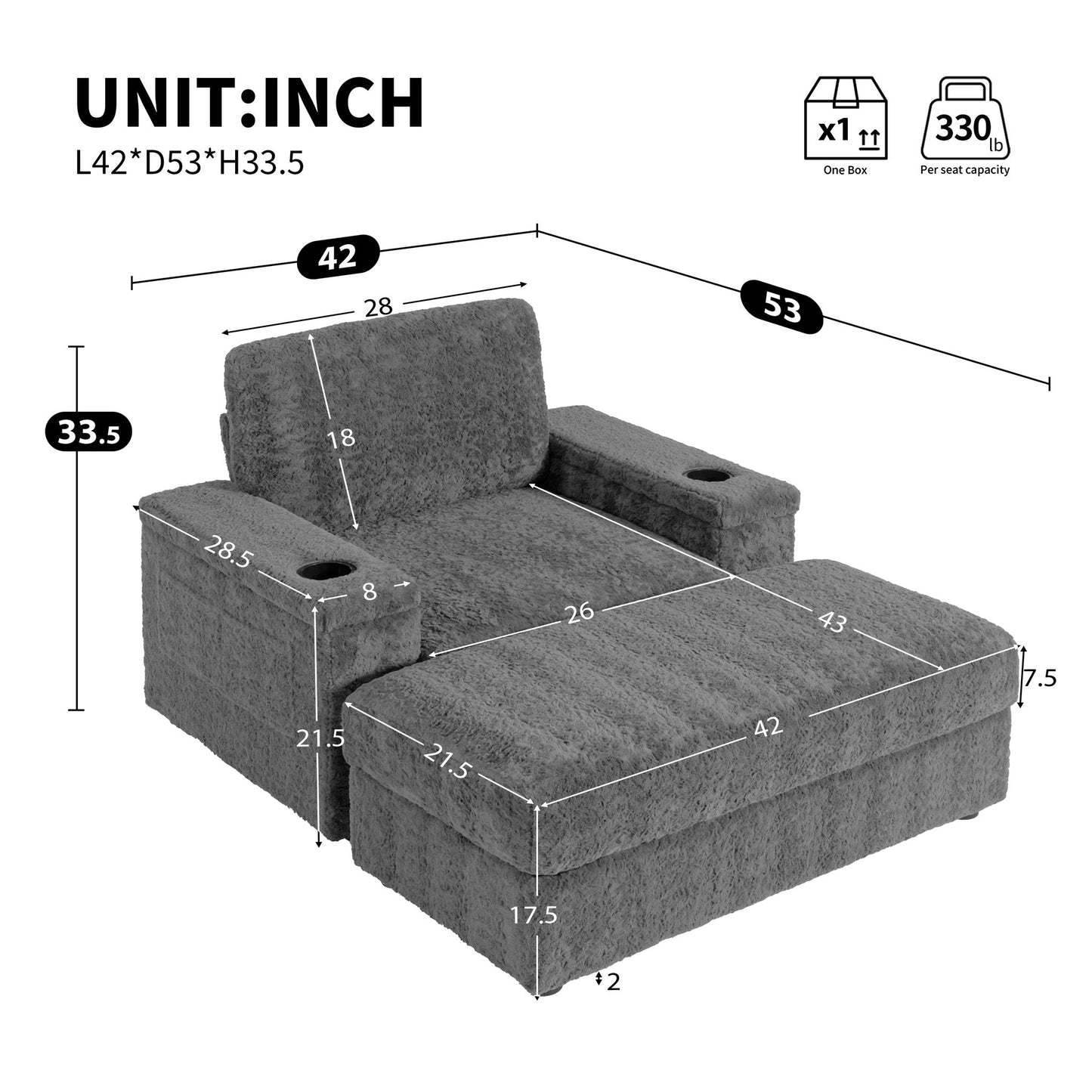 Oversized Chaise Lounge Indoor Rabbit Fur Sofa Bed With Storage Ottoman And Armrests Cup Holders With Deep Seat