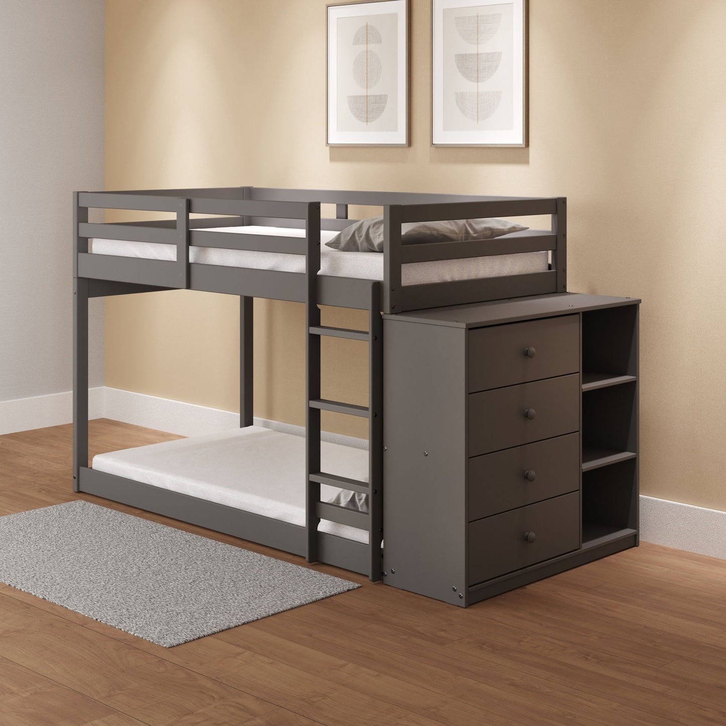Gaston - Bunk Bed Twin Over Twin With 4 Drawers & 3 Compartments - Gray