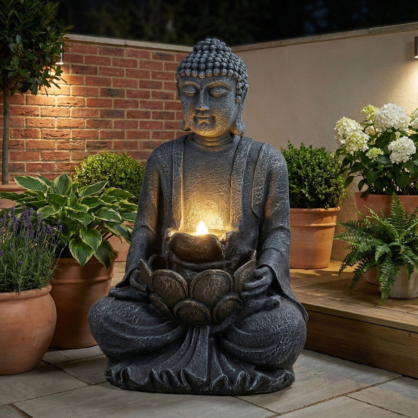 Zen - 2 Tier Meditating Buddha Water Fountain With Pump & LED Light - Gray