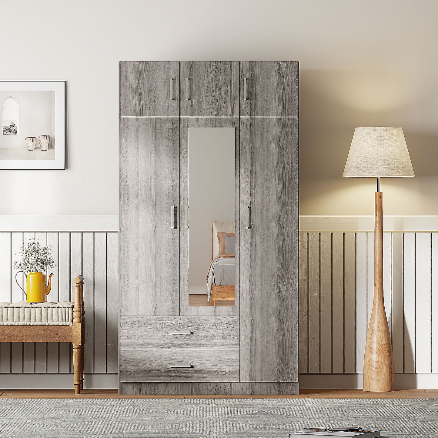 Modern 3 Door Mirror Wardrobe With 2 Drawers And Top Cabinet