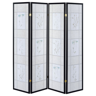 4 Panel Folding Screen With Floral Motif - Black