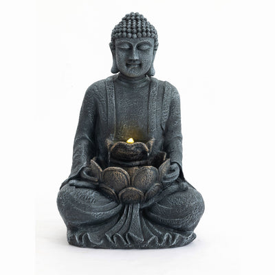 Zen - 2 Tier Meditating Buddha Water Fountain With Pump & LED Light - Gray