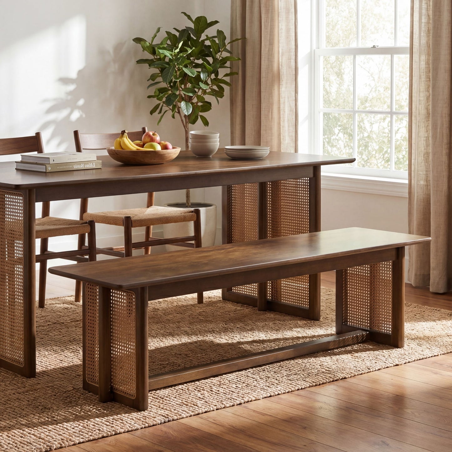 Dining Bench With Rattan Weave