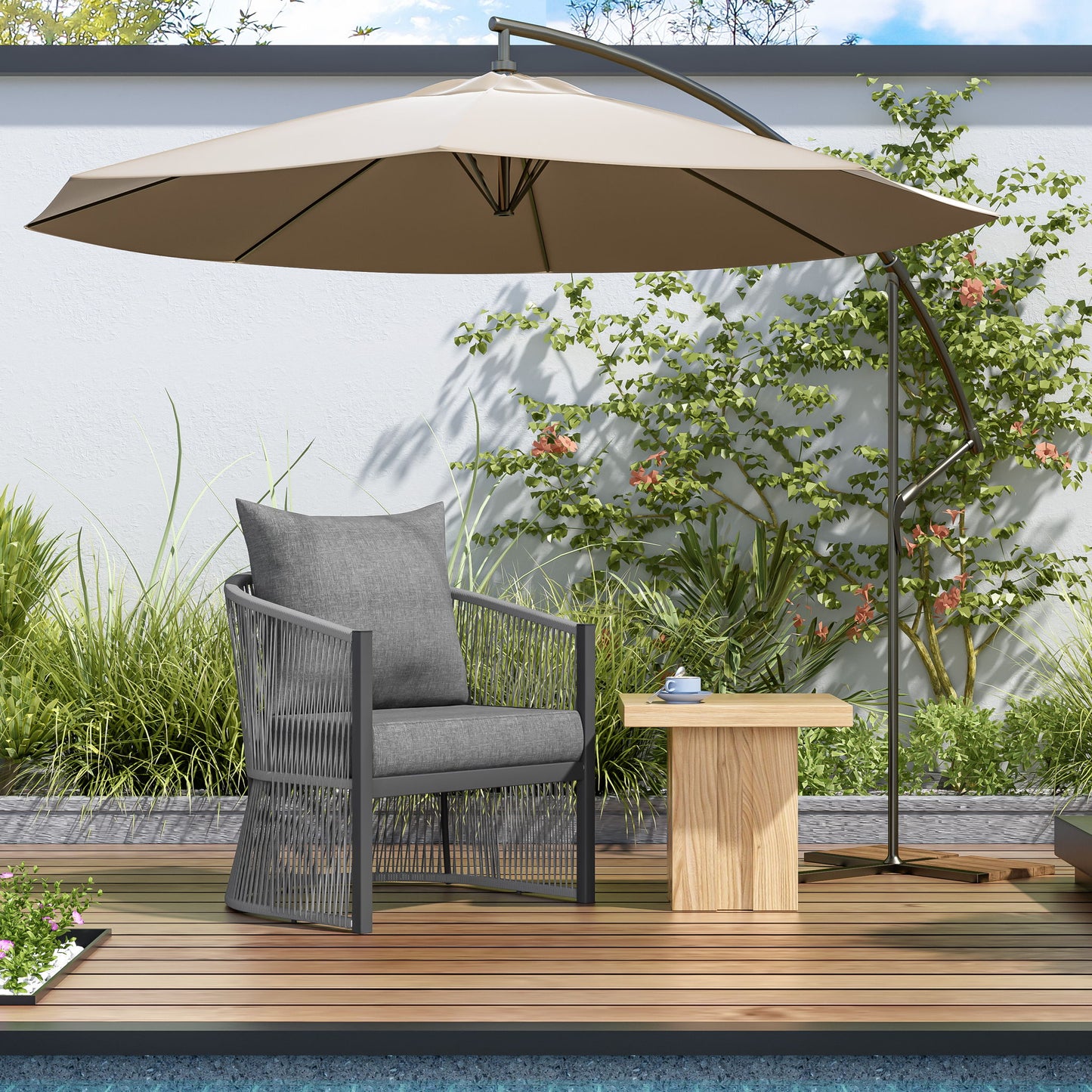 Modern Curved Aluminum Lounge Chair With Stylish Rope Weave Design And Cushioned Comfort For Outdoor