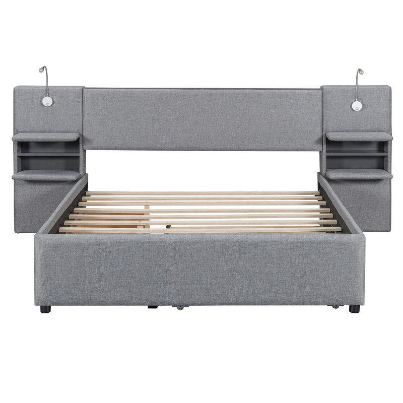 Upholstered Platform Bed With Reading Lights, Drawers, Trundle And Shelves