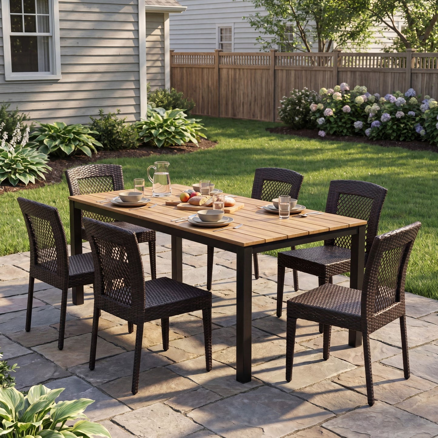 7 Piece Outdoor Dining Set With Table And 6 Chairs - Brown Multi