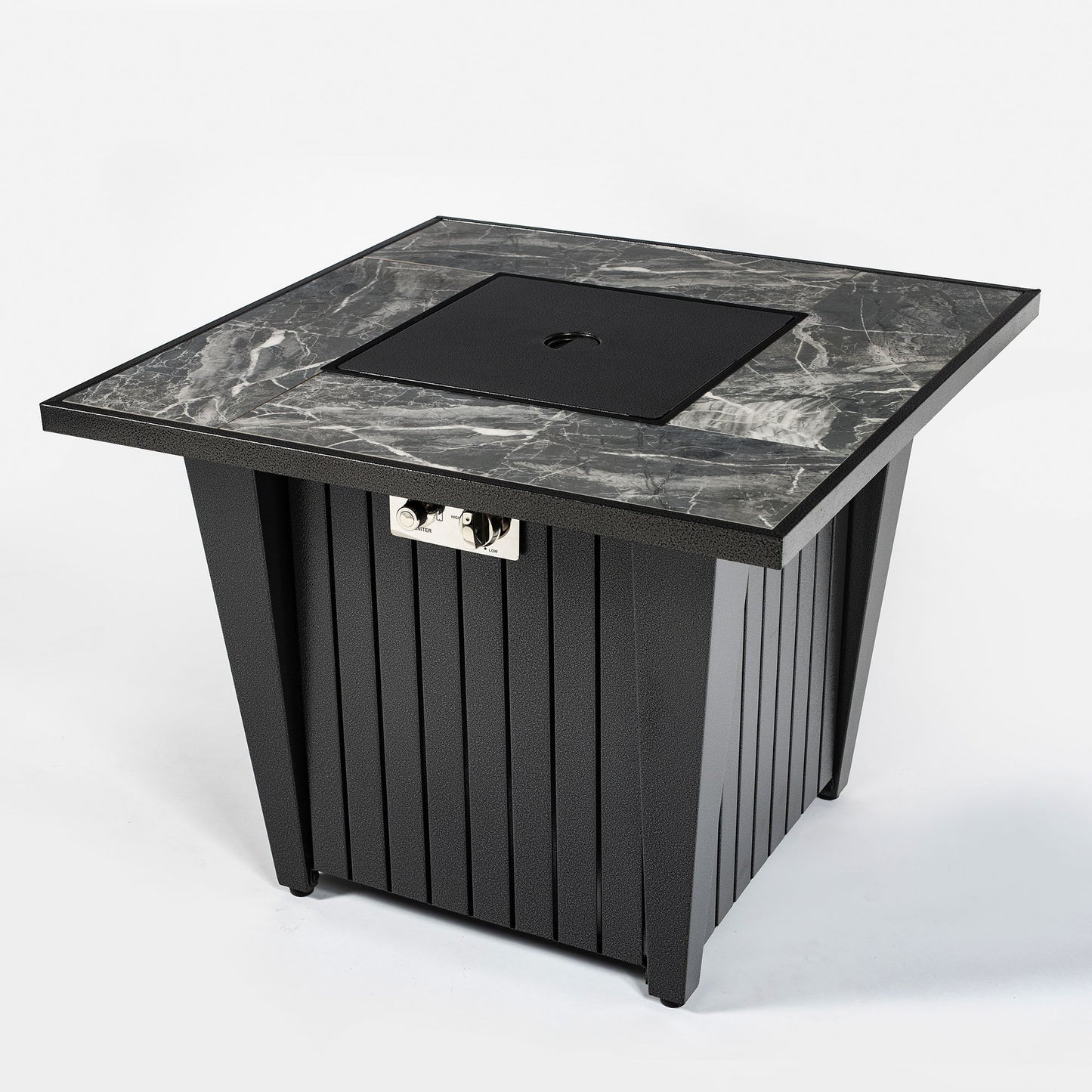 Morden Steel Fire Pit Table With Marble Tile Tabletop, Glass Wind Guard And Lid