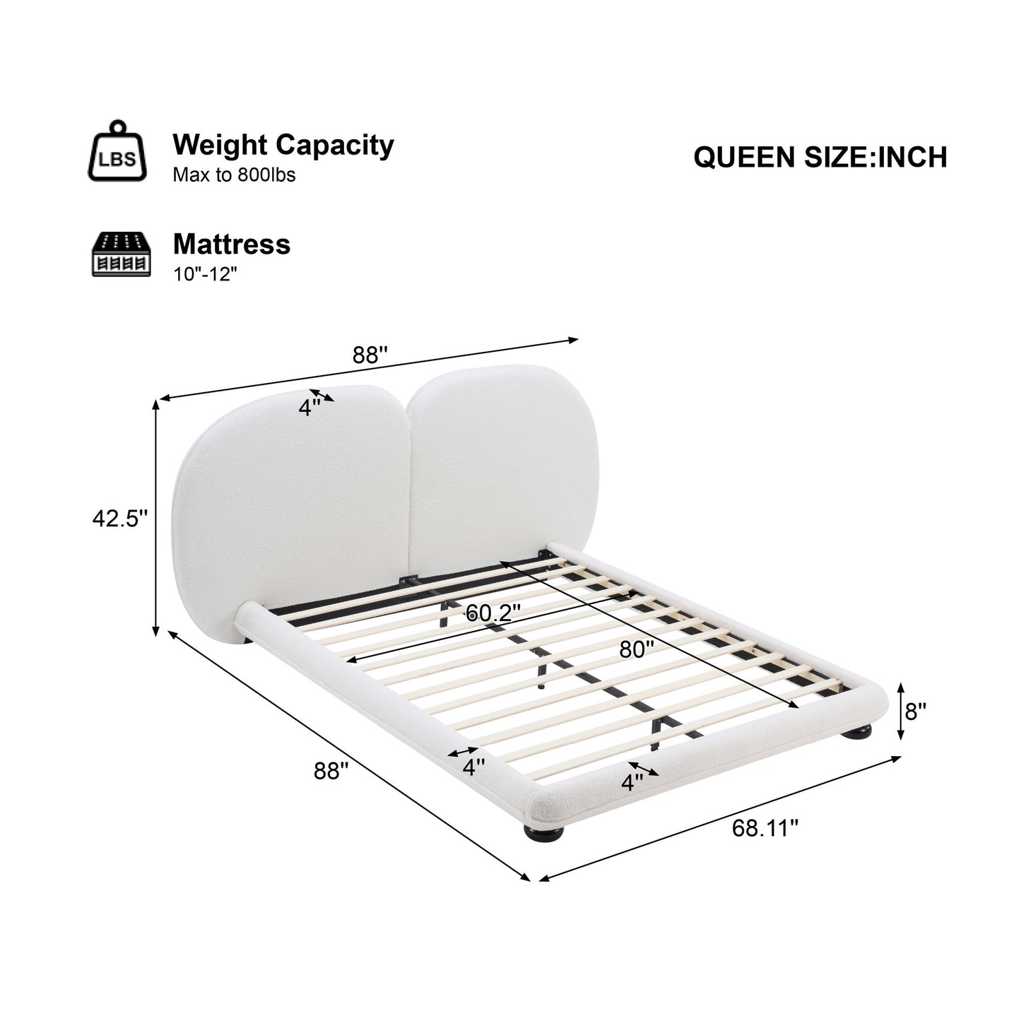 Queen Size Upholstered Platform Bed Frame With Split Headboard - White