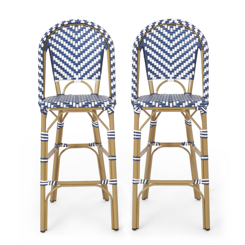 Outdoor Rattan French Barstool Set,, Bamboo, Seat Height - Navy Blue / White
