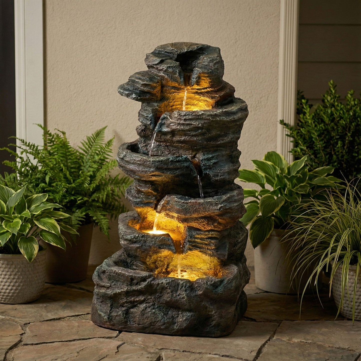 6 Tier Cascading Stone Water Fountain With LED Lights - Gray