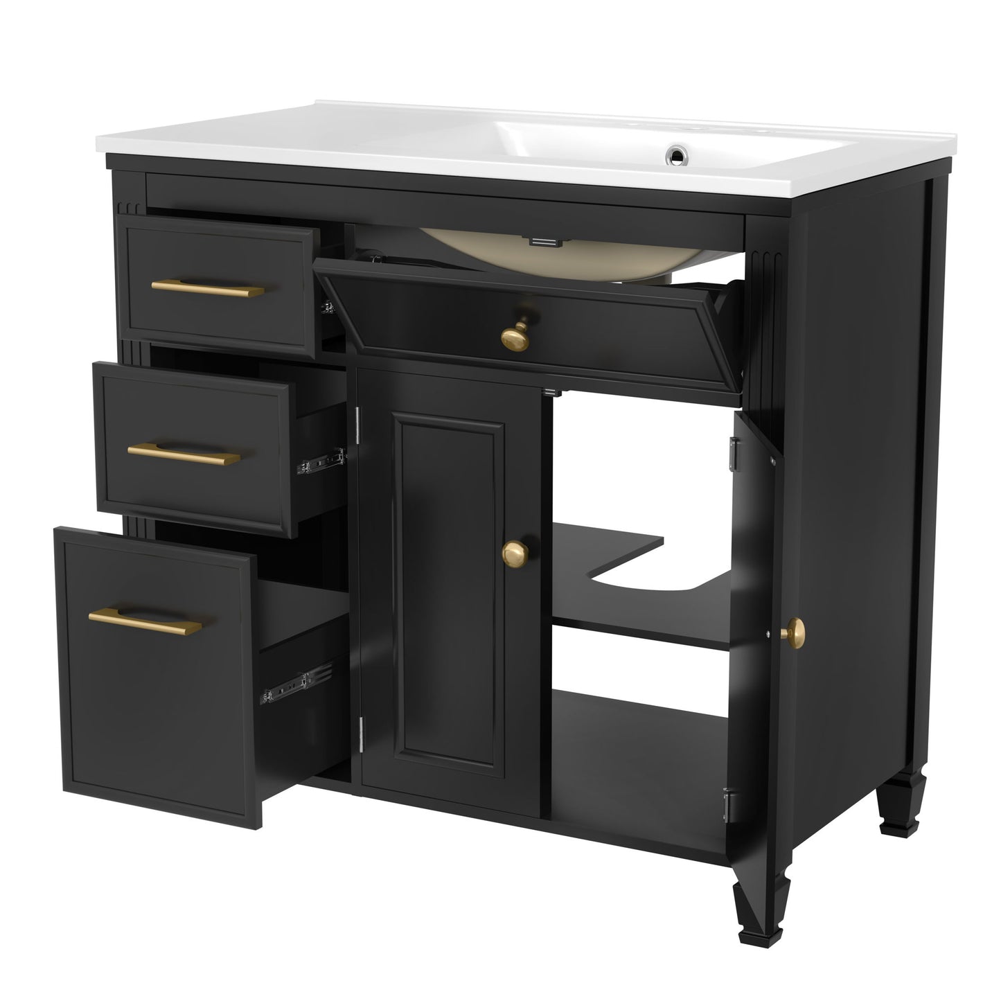 Bathroom Vanity With Sink, 1 Tip Out Drawer, 3 Side Drawers, Adjustable Shelf