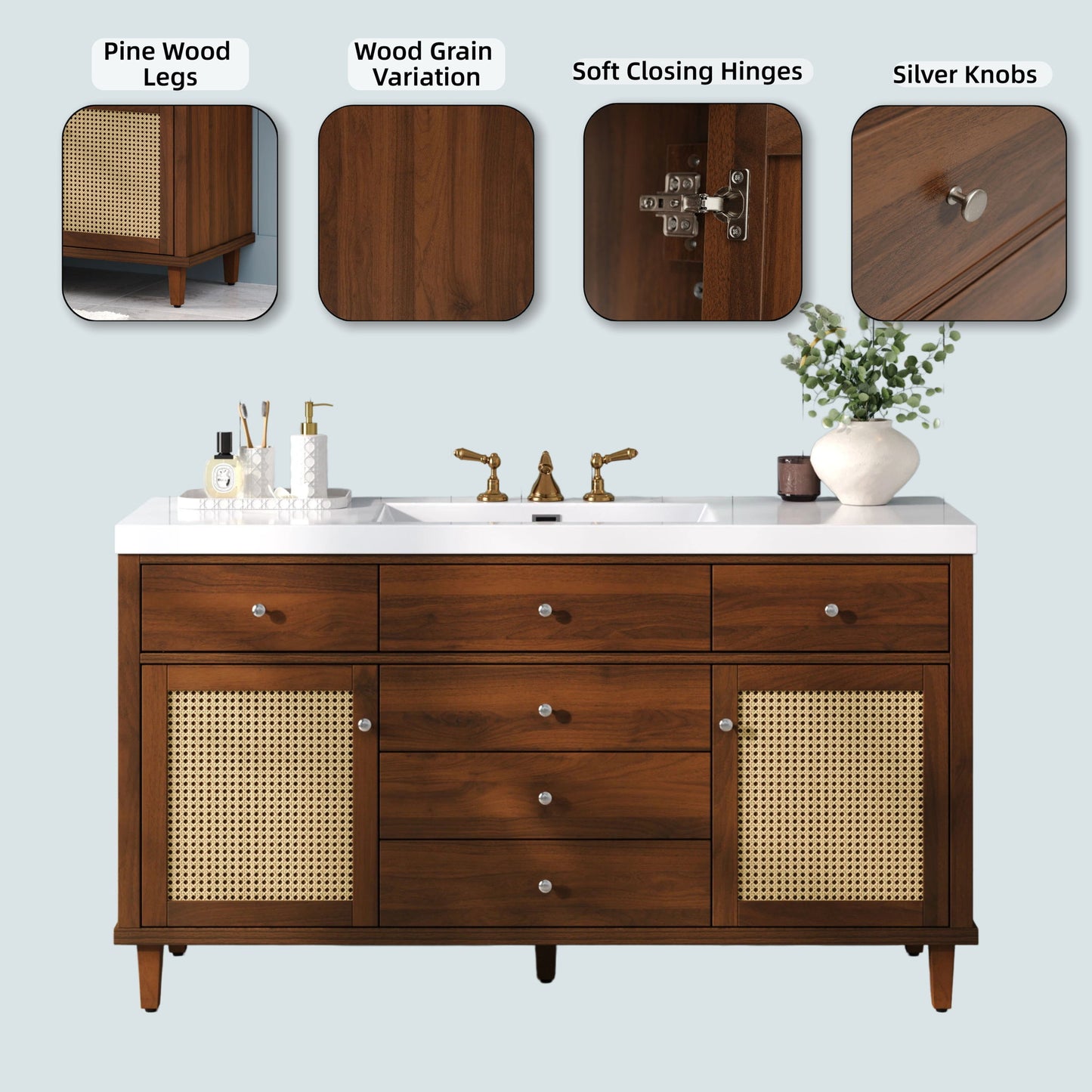 Bathroom Vanity With Sink, 5 Legs, Soft Close Drawers