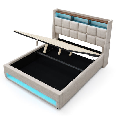 Platform Bed With Hydraulic Storage, LED Lighting & Charging Station