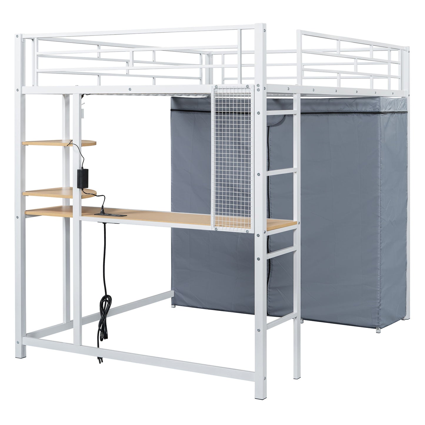 Loft Bed With Desk, Shelves, Power Outlet, LED Light And Wardrobe