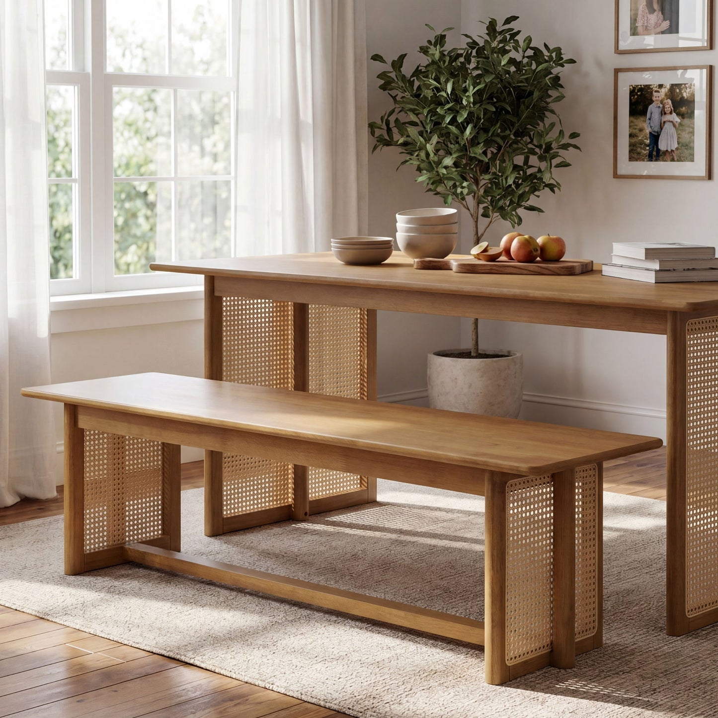 Dining Bench With Rattan Weave