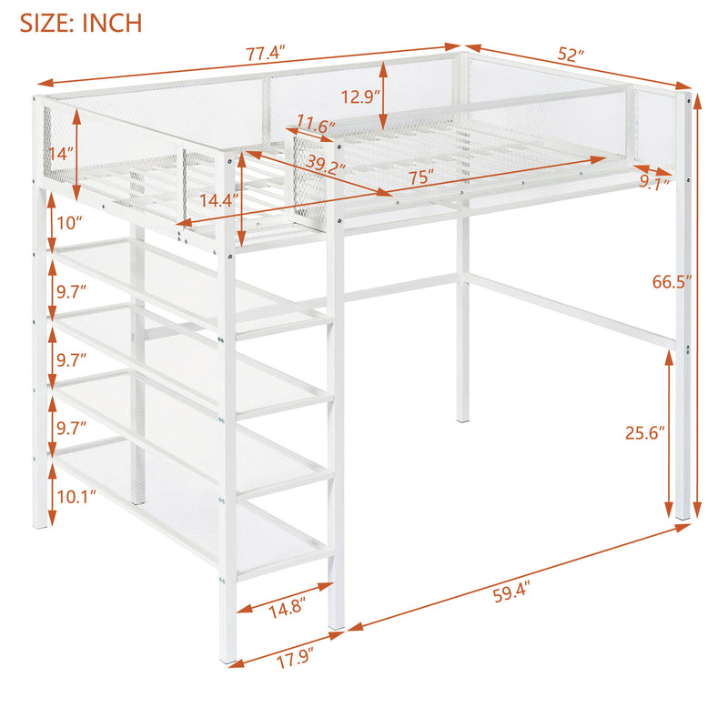 Twin Size Loft Bed With 4 Tier Shelves And Storage - White