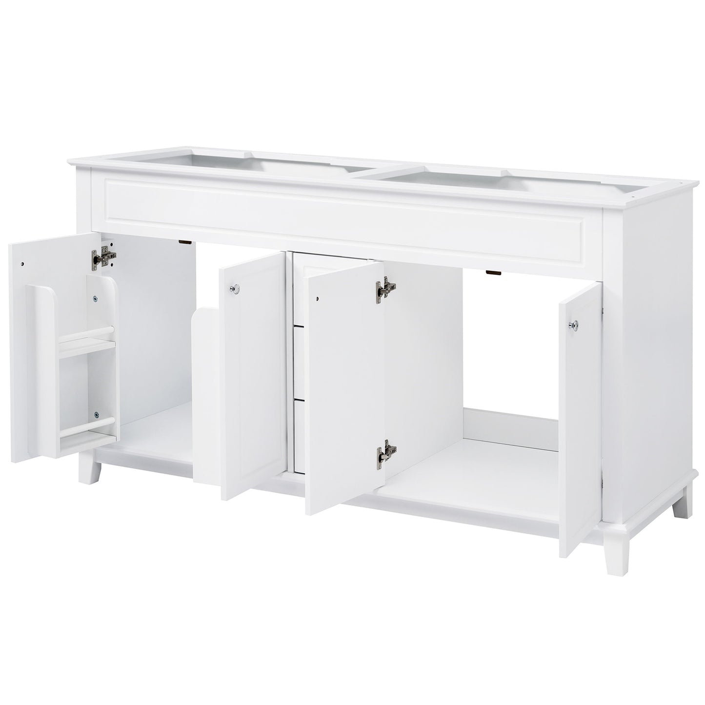 Bathroom Vanity Cabinet Only, 3 Drawers & 4 Doors & Double Layer Shelves - White