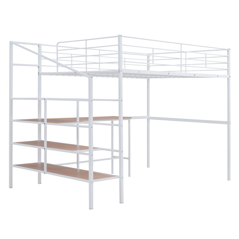 Full Size Loft Bed With Desk And Lateral Storage Ladder - White