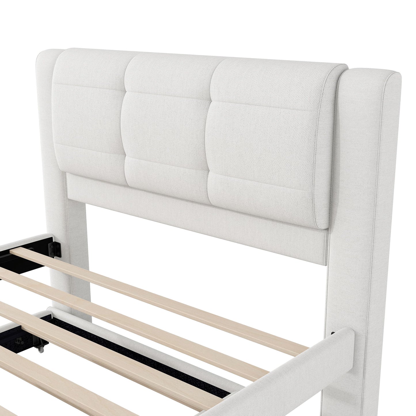 Upholstery Platform Bed With Trundle, Trundle Can Be Flat Or Erected