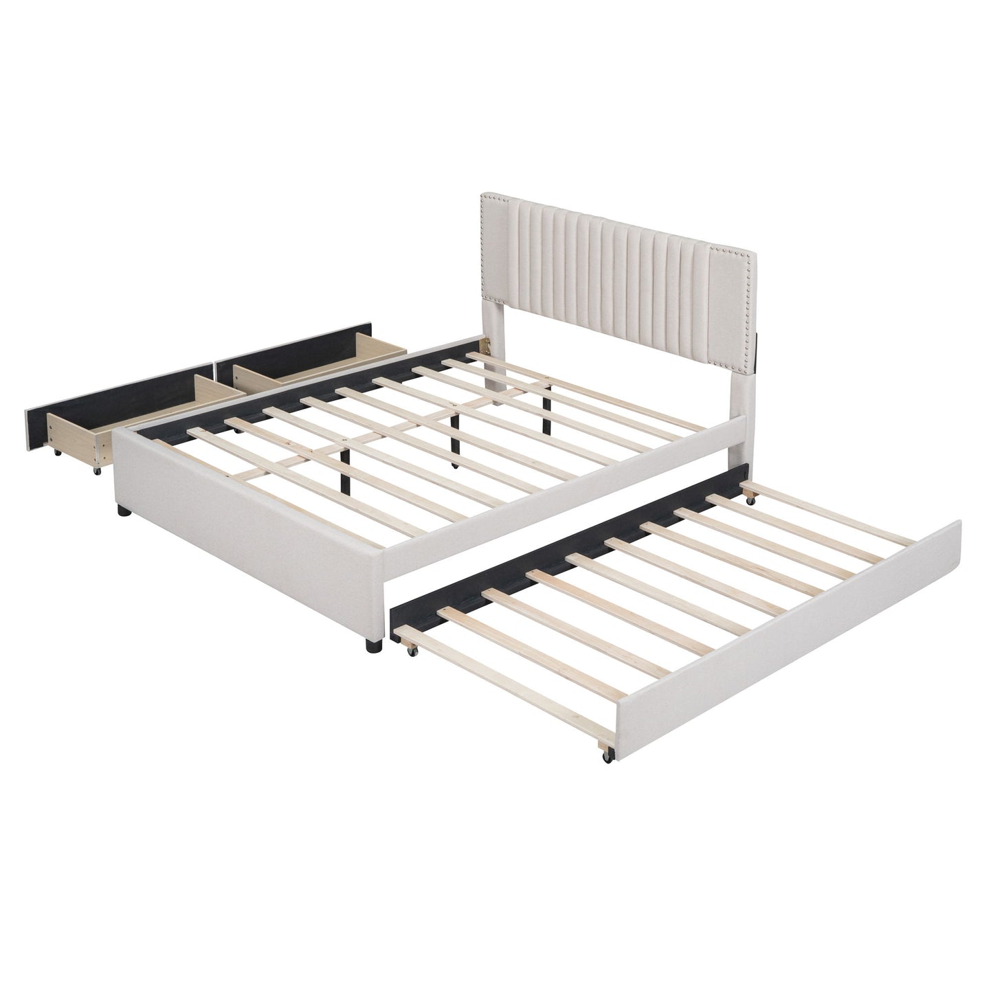 Upholstered Platform Bed With Drawers, Classic Headboard Design
