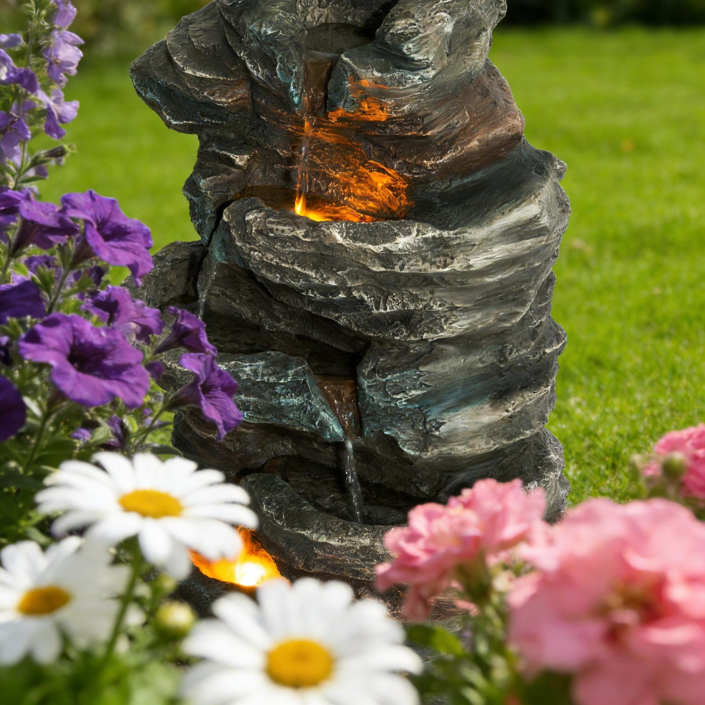 6 Tier Cascading Stone Water Fountain With LED Lights - Gray