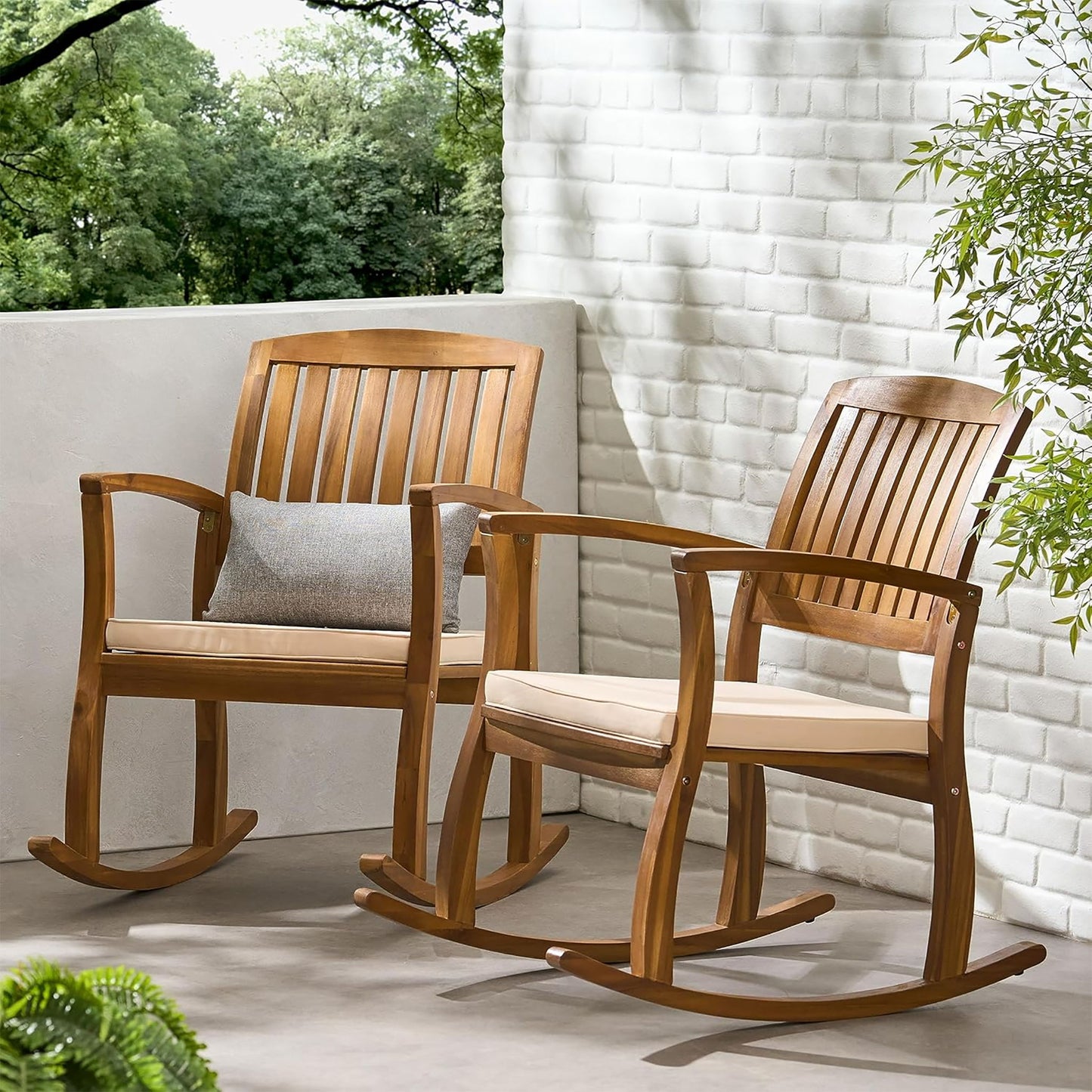 Acacia Wood Outdoor Patio Rocking Chair With Cushion (Set of 2) - Natural / Cream