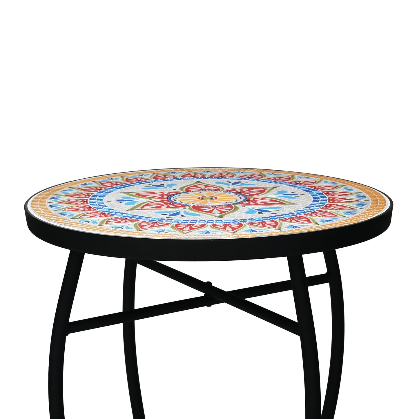 Outdoor Round Side Table With Mosaic Style Top And Curved Iron Legs