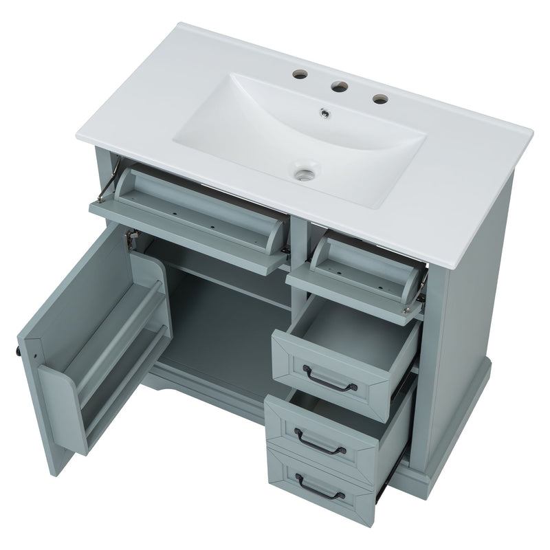 Bathroom Vanity With Ceramic Sink, Freestanding Design, 2 Tip Out Drawers, Soft Close Hinges - Gray