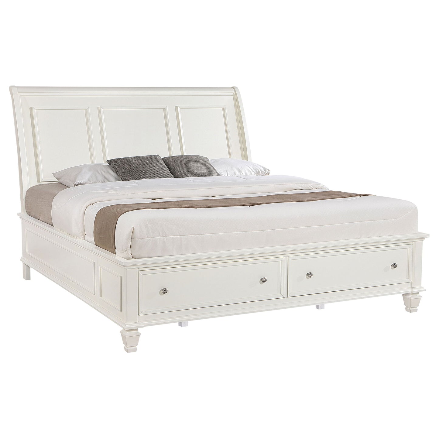 Dennis - Eastern King Storage Panel Bed With Carved Headboard And Built In Drawers - Cream White