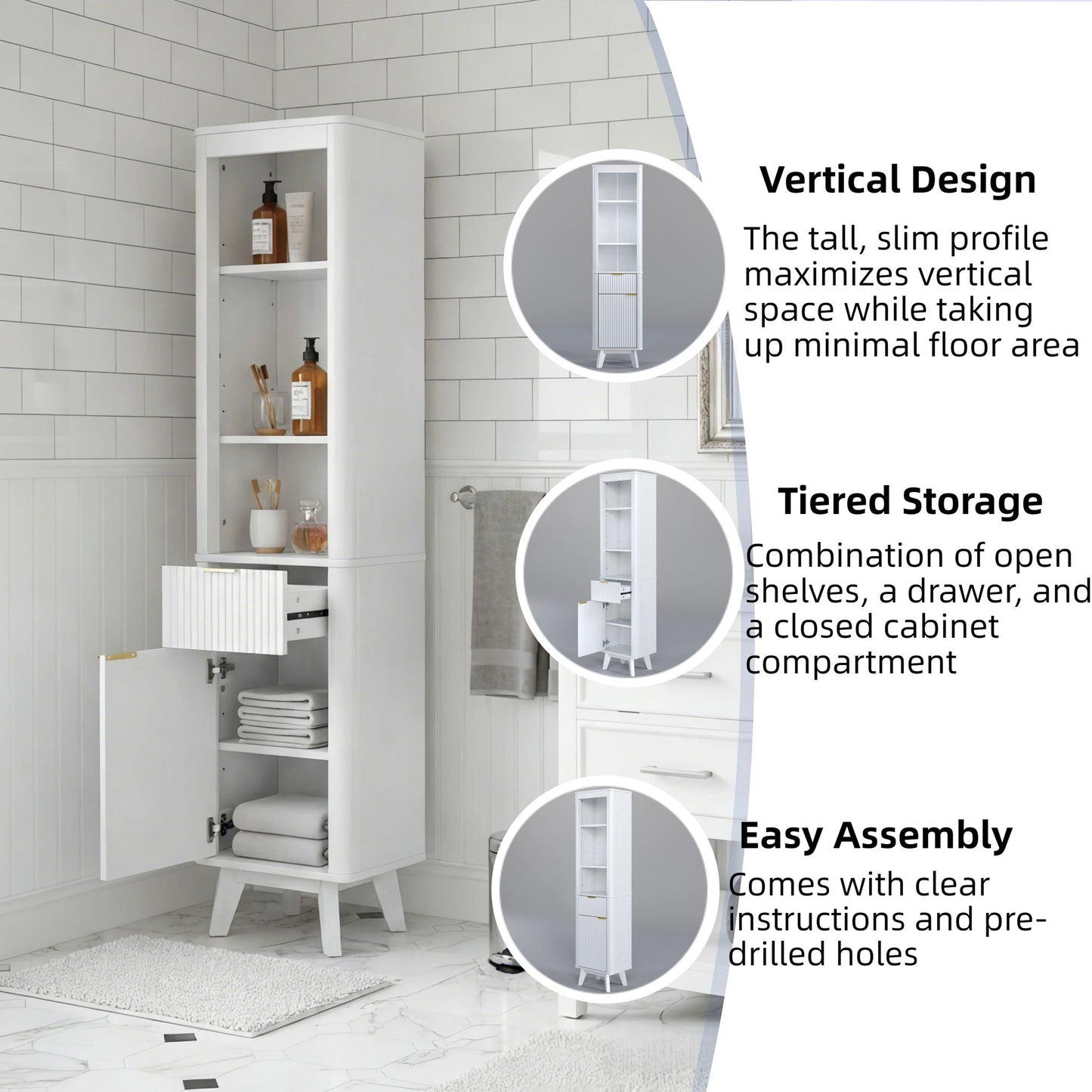 Tall Bathroom Storage Cabinet With Adjustable Shelves And 1 Drawer & Door