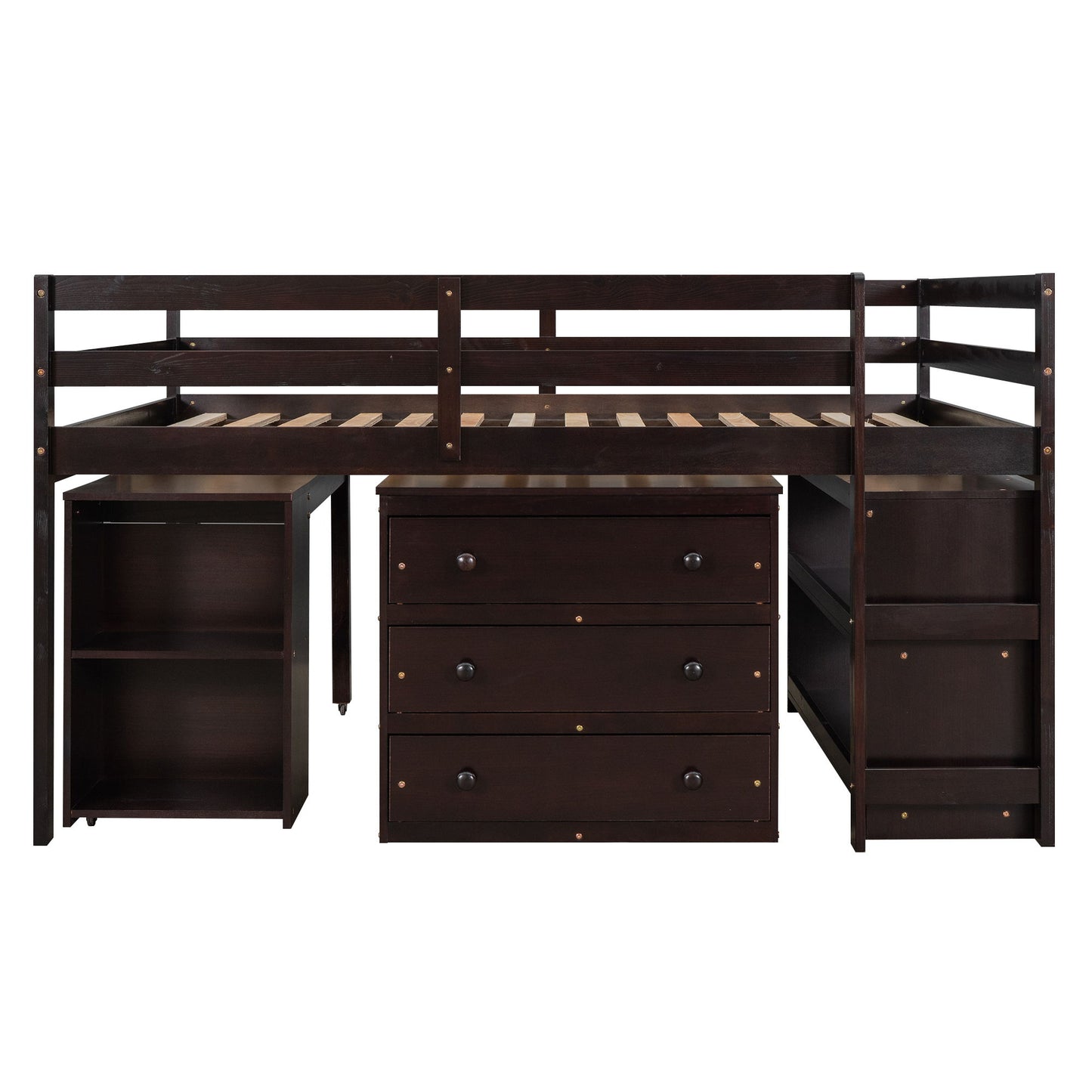 Loft Low Study Bed With Cabinet, Shelves And Rolling Portable Desk, Multiple Functions