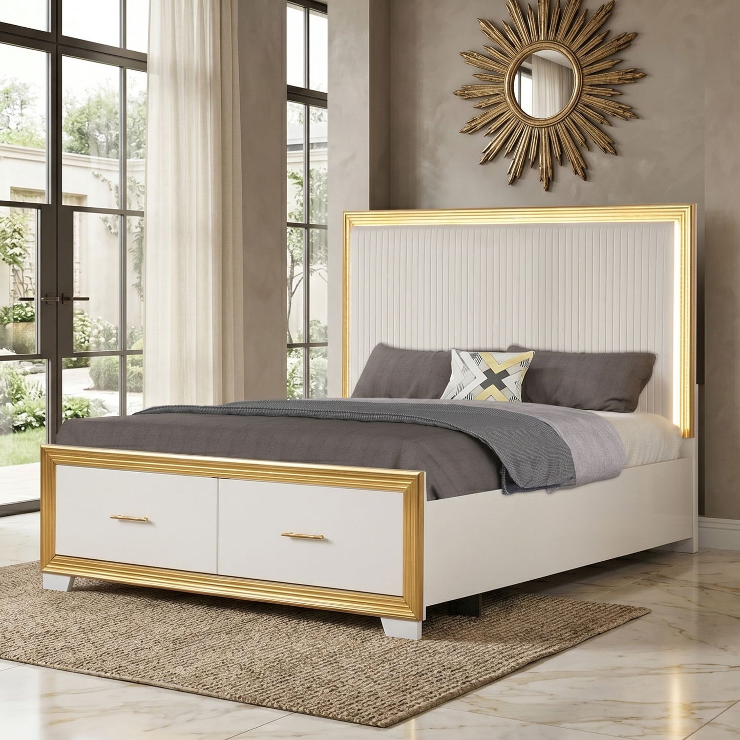 Obsession - Queen Size Bed With LED Headboard And Footboard Storage Drawer - White