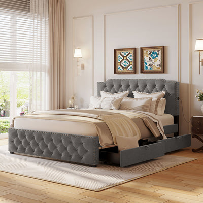 Upholstered Platform Bed With 2 Drawers And 2 Sets Of USB Ports On Each Side, Fabric