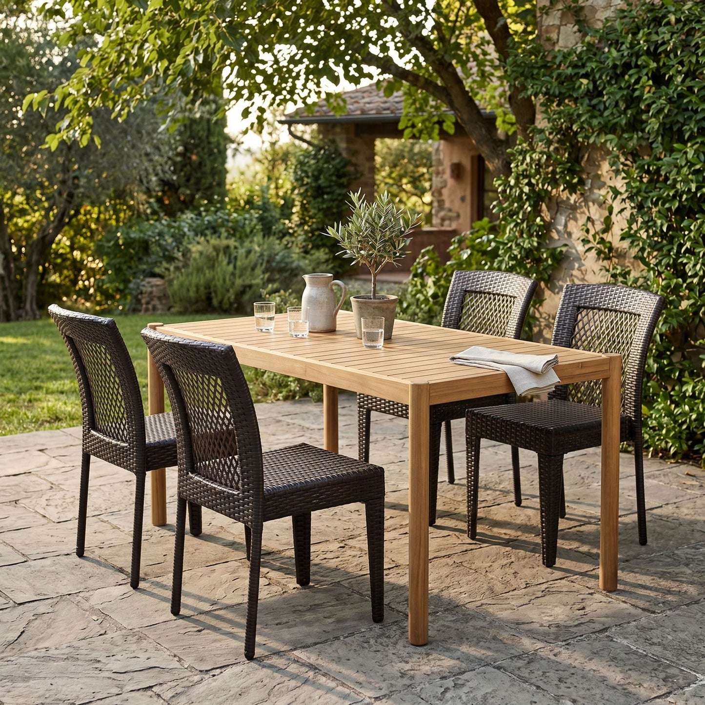 5 Piece Patio Dining Set With Chairs, Outdoor Furniture - Brown Multi / Light Teak