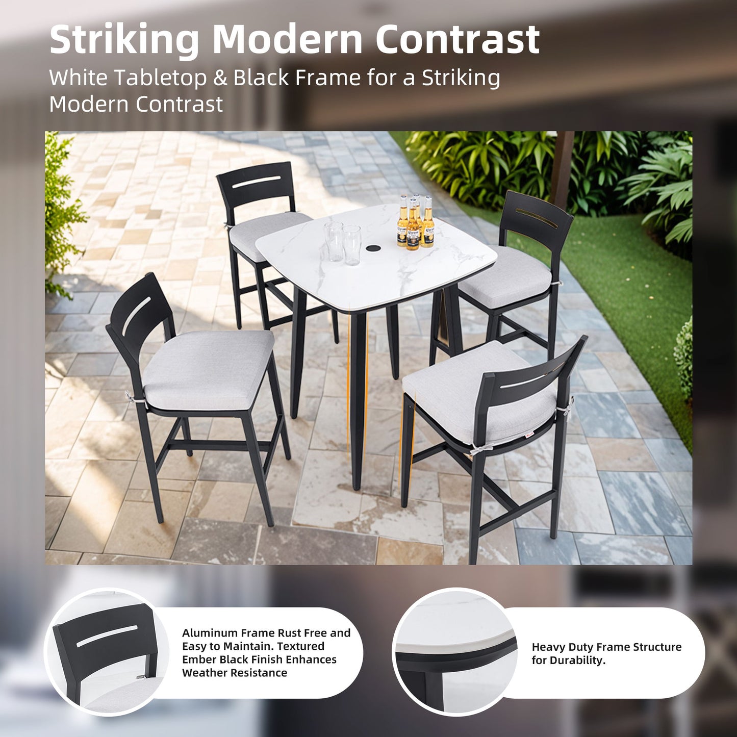 Outdoor Bar Table, Rounded Square Sintered Stone Top With Umbrella Hole, Rust Free Frame, Weatherproof - Ember Black / White