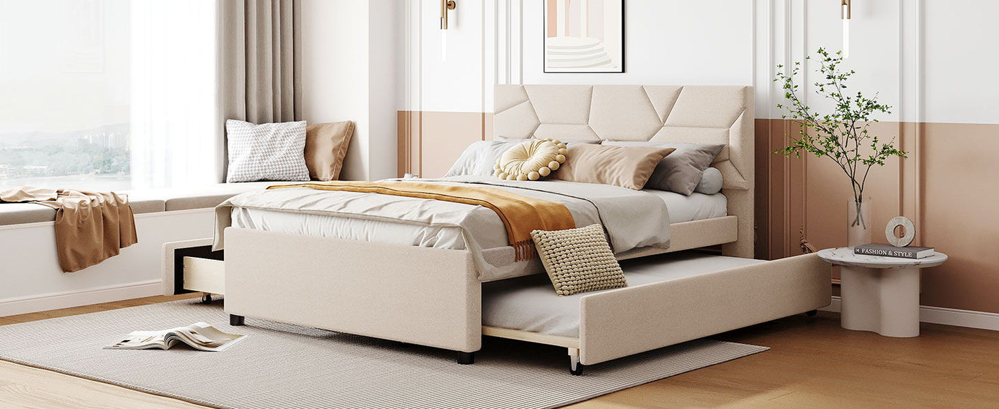 Upholstered Platform Bed With Brick Pattern Headboard And Twin Long Size Trundle