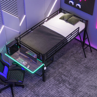Gaming - Twin Loft Bed With Desk And LED - Black