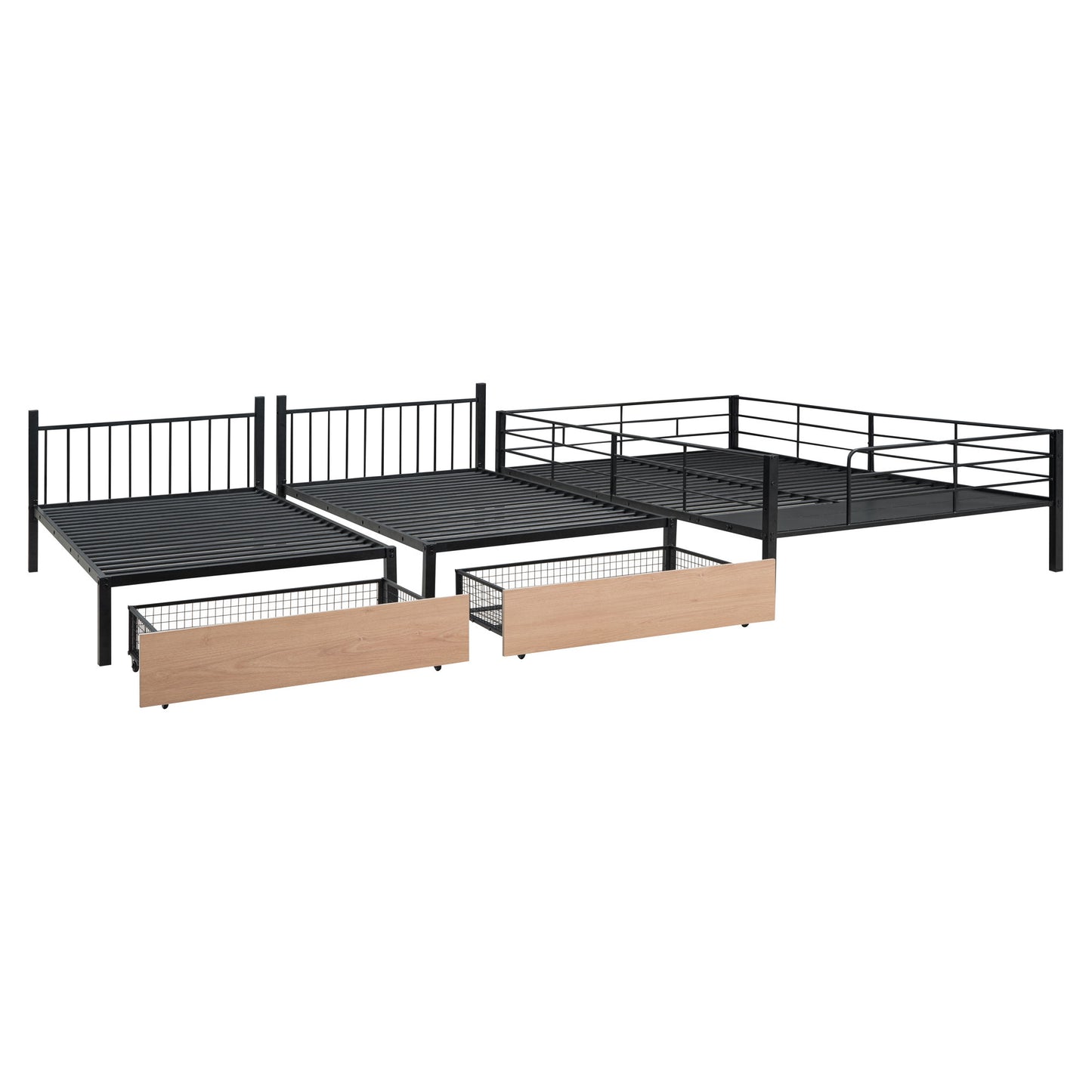 Triple Bunk Bed With Drawers, Multi-Functional Frame With Desks And Shelves In The Middle