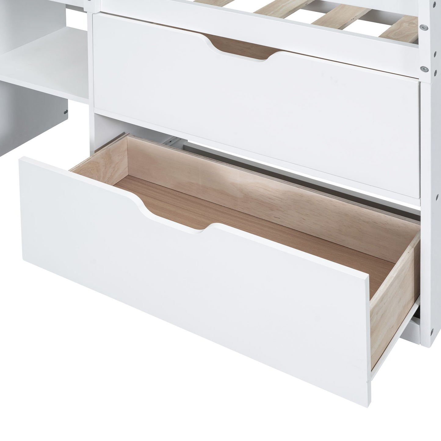 Low Loft Bed With Rolling Desk, Shelf And Drawers