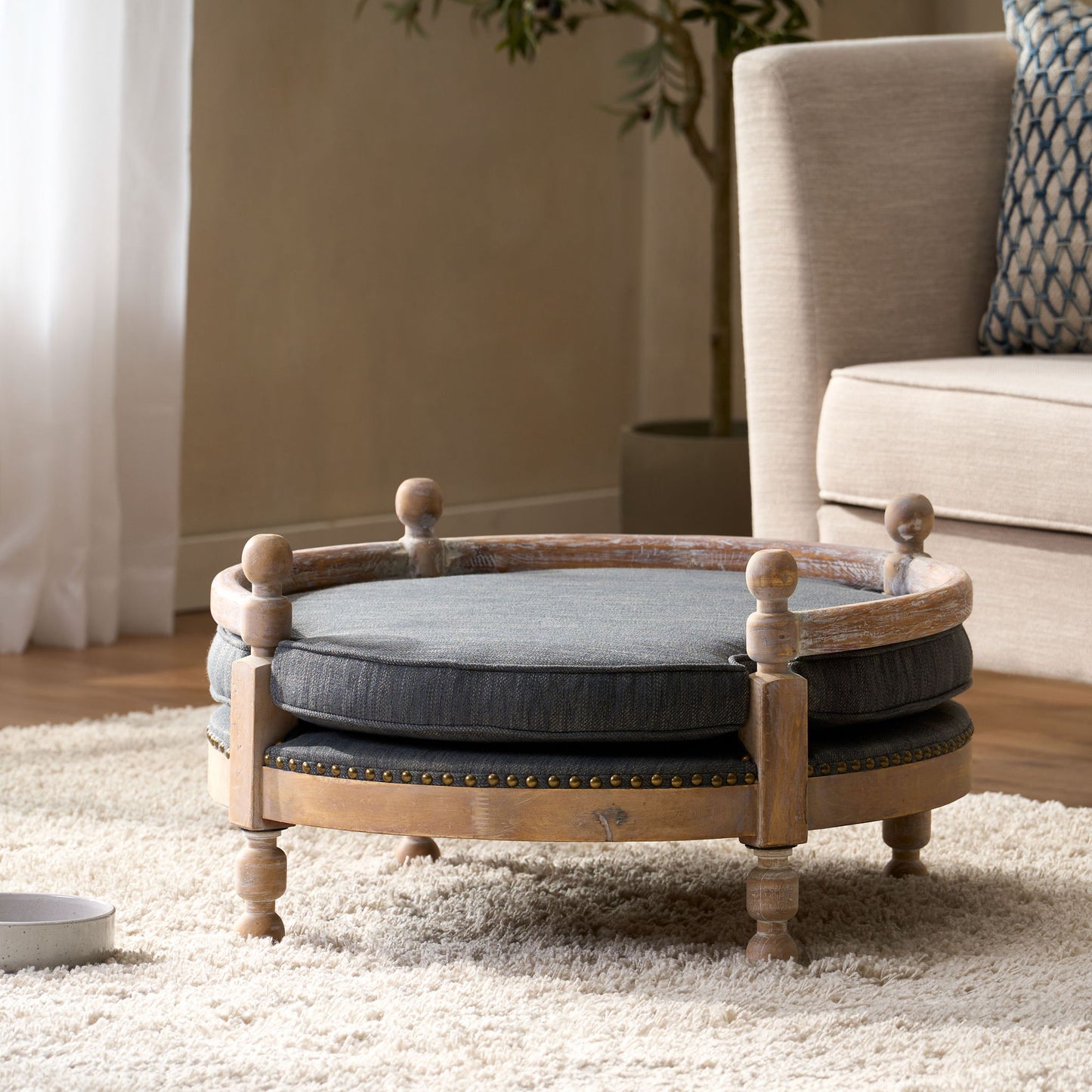 Round Pet Sofa, Wide Upholstered Pet Bed - Charcoal