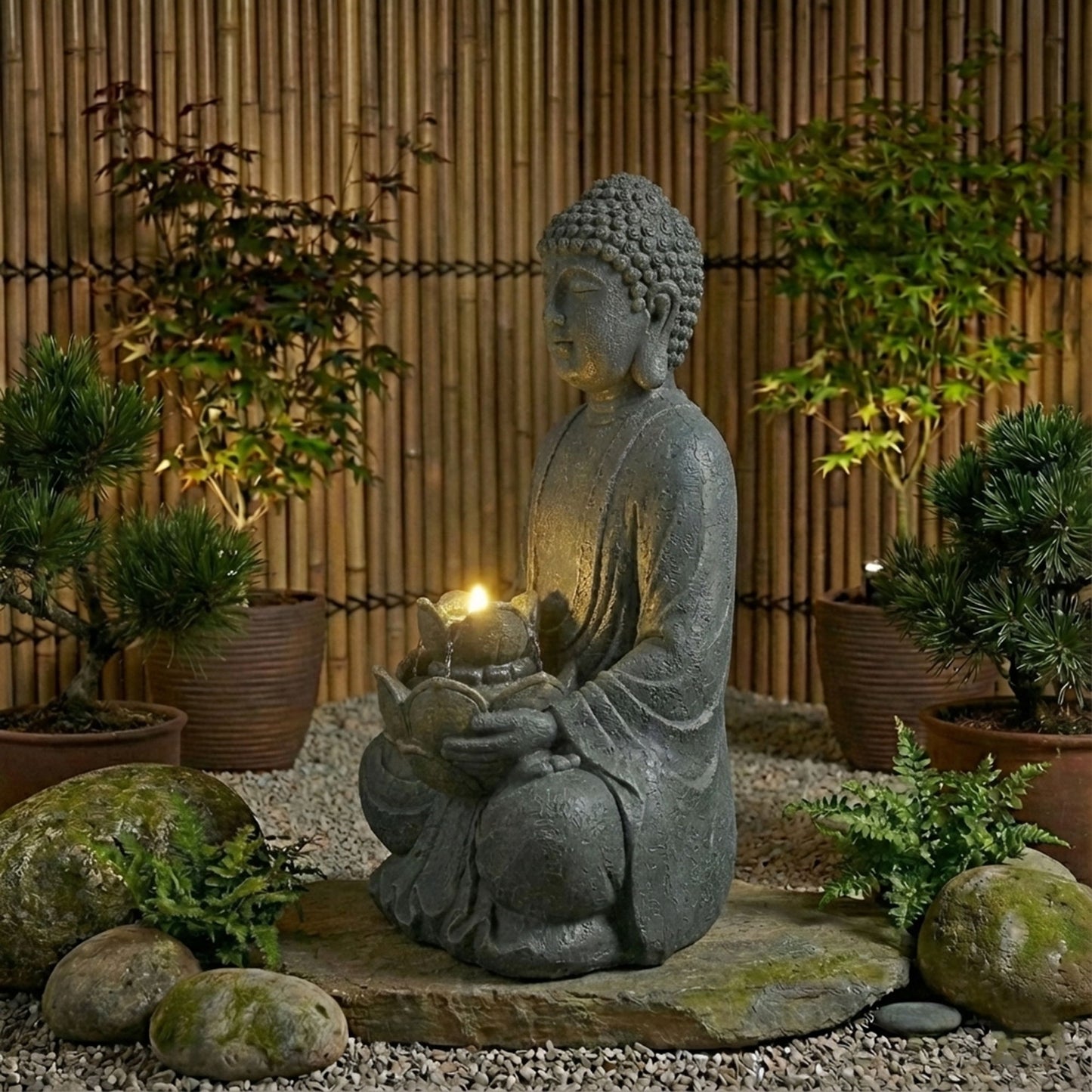 Zen - 2 Tier Meditating Buddha Water Fountain With Pump & LED Light - Gray