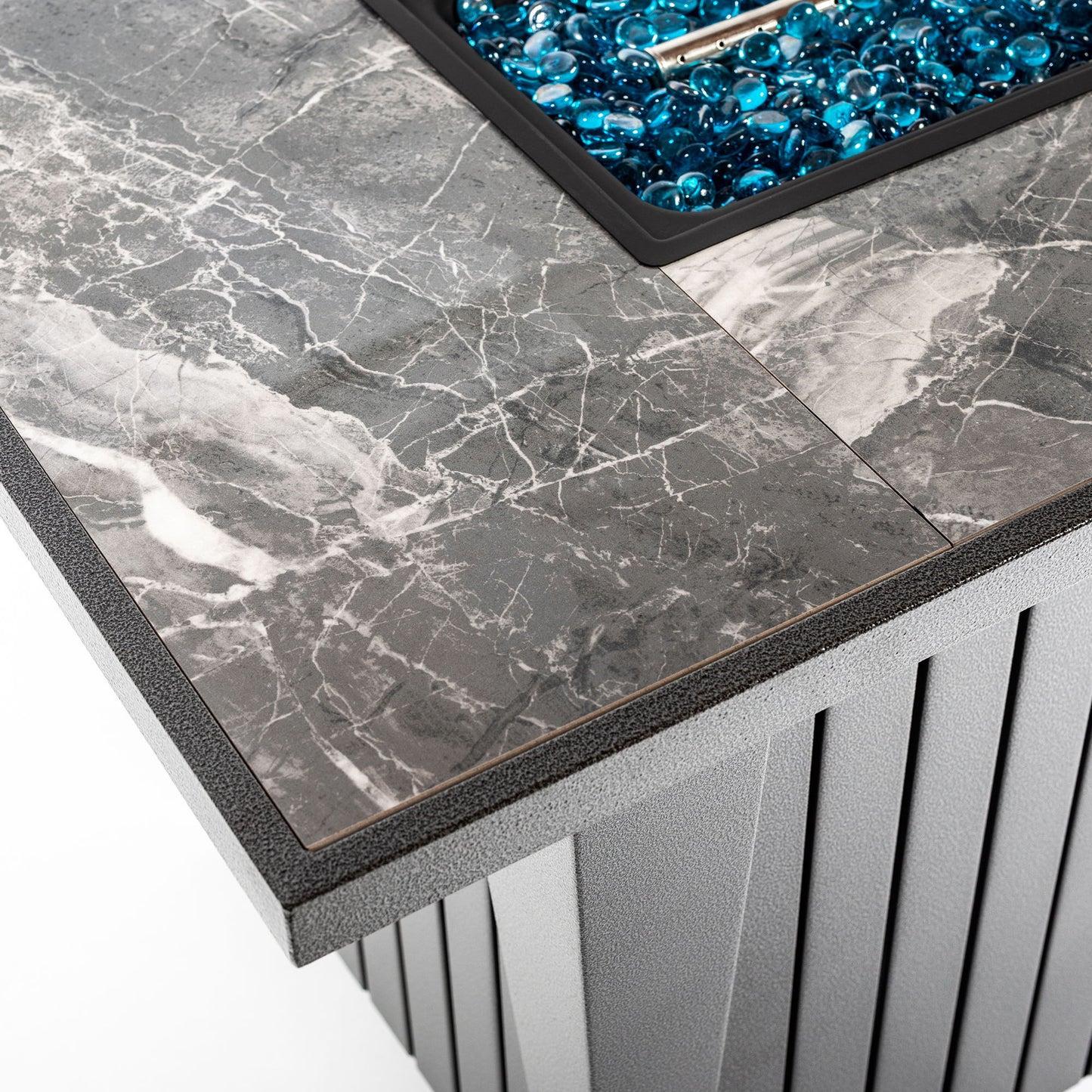 Morden Steel Fire Pit Table With Marble Tile Tabletop, Glass Wind Guard And Lid